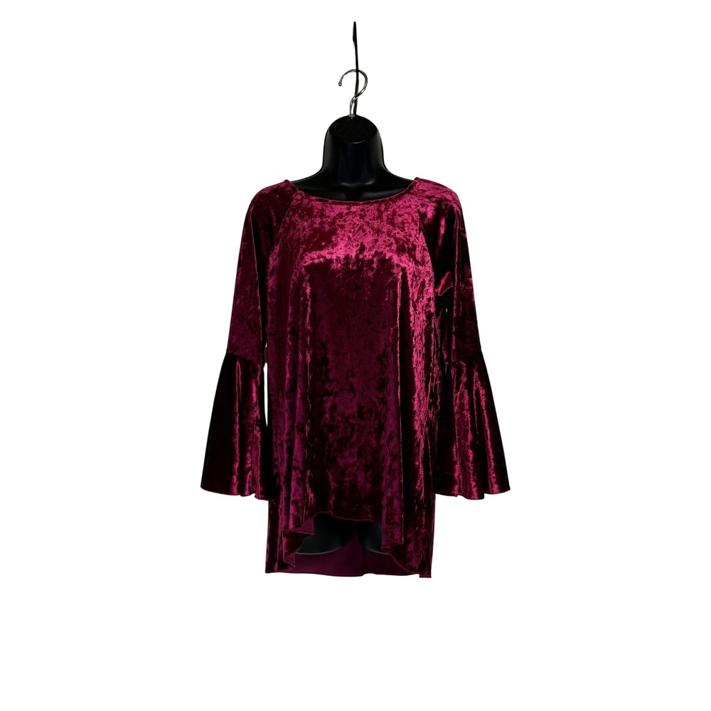 Cupio Whimsigoth Burgundy Crushed Velvet Rhinestone Keyhole Bell Sleeve Blouse